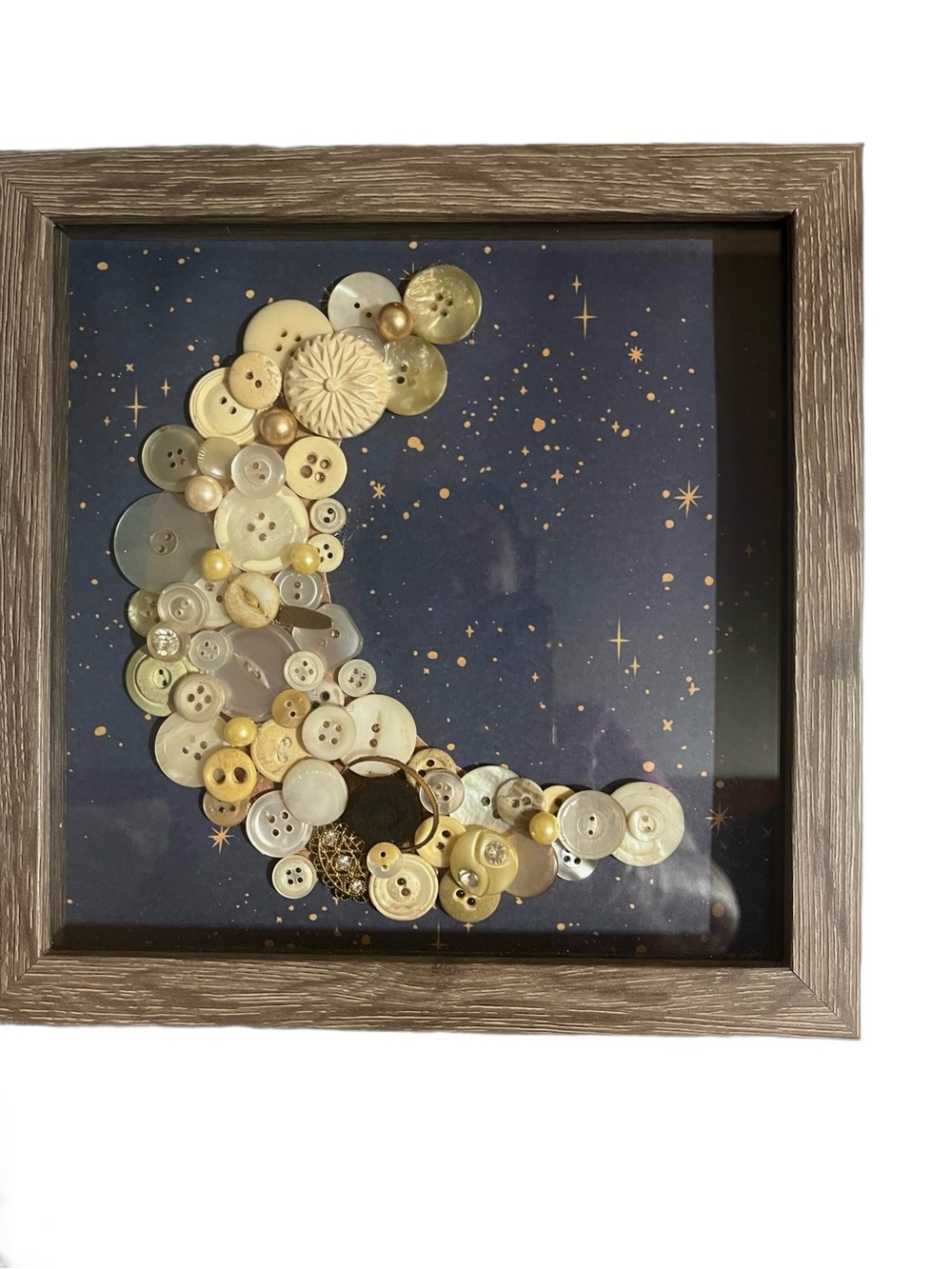 Button Crescent Moon Shadow Box Wall Art - Gold & Cream